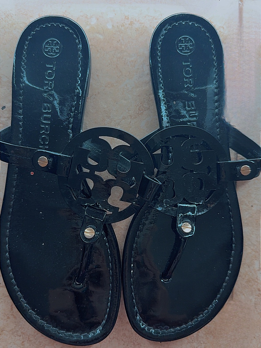 Tory Burch Black Patent Miller Logo Thong Sandals